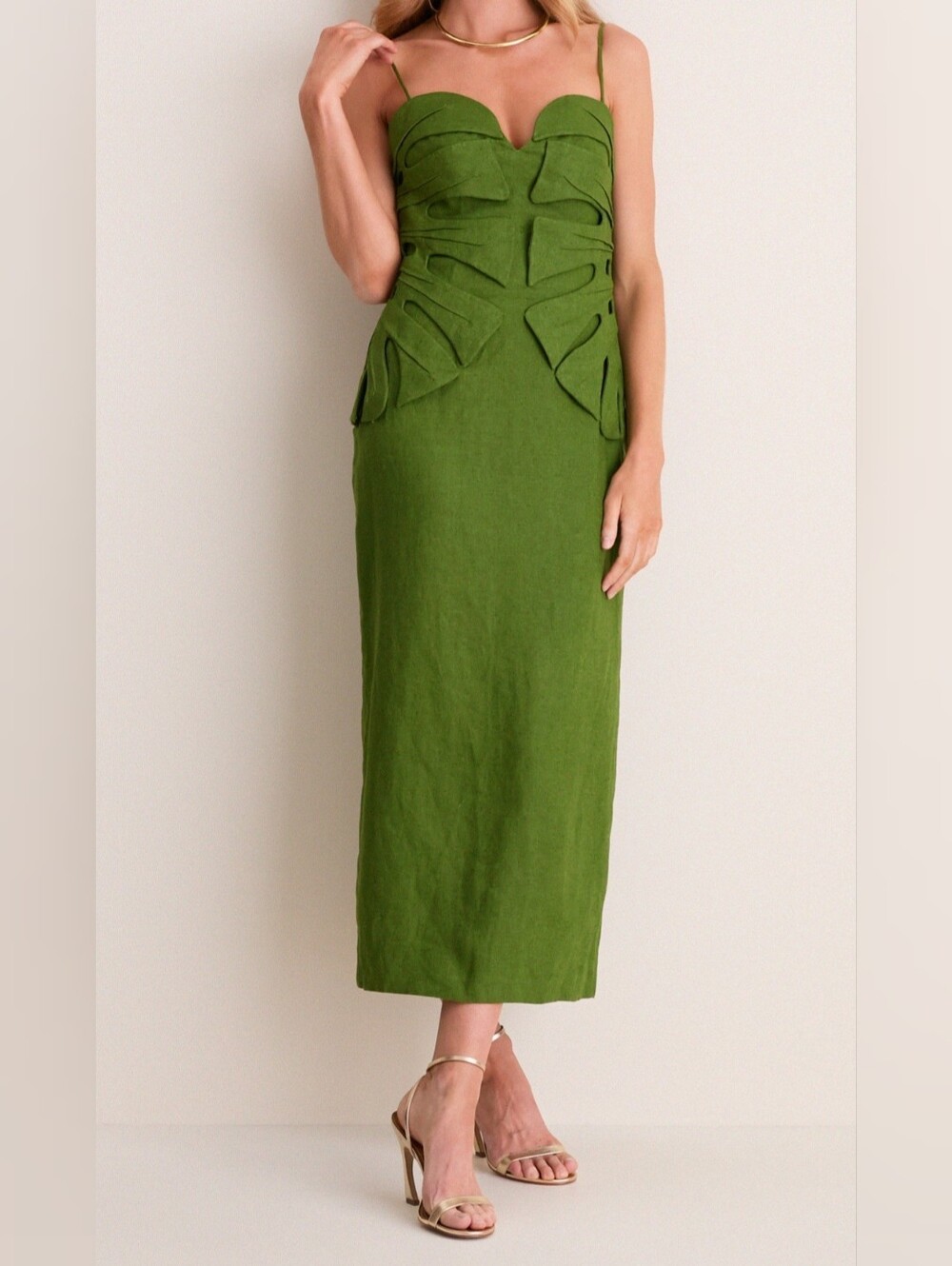 Farm Rio 100% Linen 3D Sculpted Monstera Leaf Midi Dress